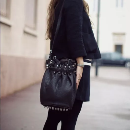 ALEXANDER WANG Pebbled Lambskin Diego Black Bucket Bag Gunmetal Hardware