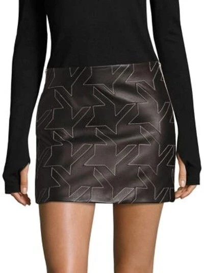 HELMUT LANG Black Leather Houndstooth, Zip Side, Mini Skirt UK8