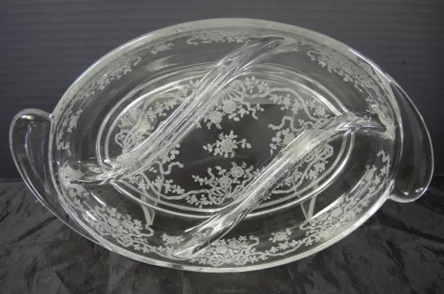 Elegant Fostoria Romance #341 Crystal Etch 12 ¼” Oval 3 Part Divided Bowl Relish