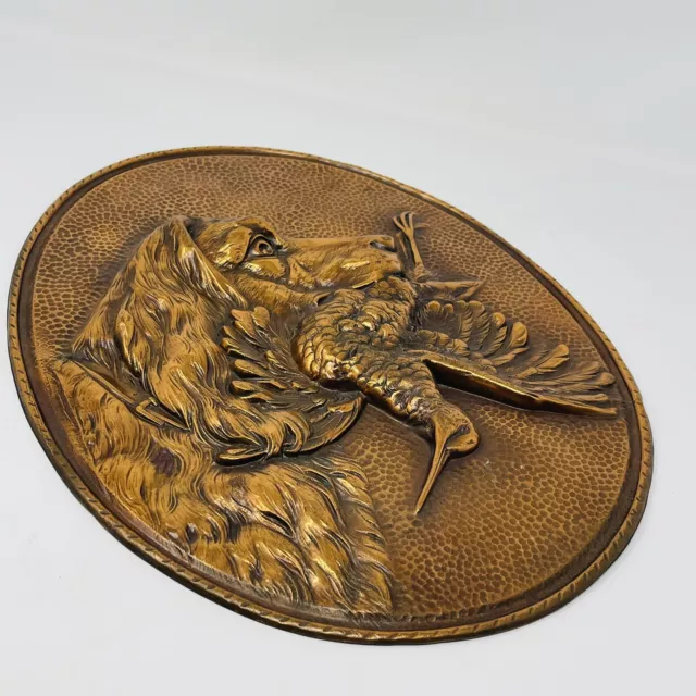 Vtg Copper Hunting Dog & Bird In Mouth Oval Wall Plaque Embossed Repousse French 2