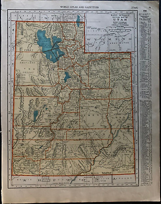 1938 Collier's World Atlas & Gazetteer - 11 x 14 Map of Utah & Vermont