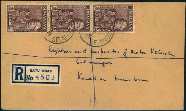 II. WK Malaya Selangor; 10 C. Freim. 1957/61 (3) als MEF auf Reco.-Brief 1961