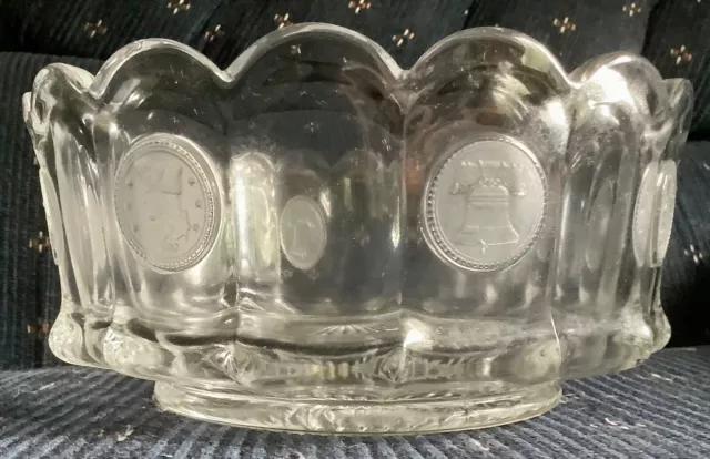 Fostoria Glass Coin Minute Men Liberty Bell Round Serving Bowl