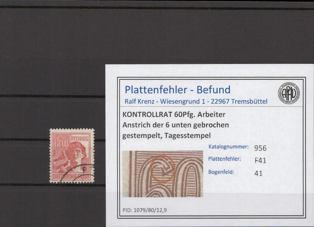 KONTROLLRAT 1947 PLATTENFEHLER Nr 956 F41 gestempelt (215817)