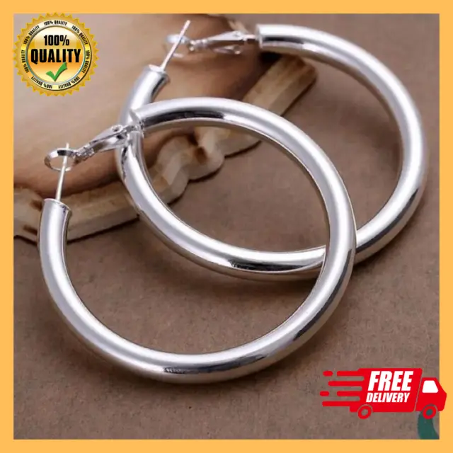 Womens 925 Sterling Silver Large 50mm Round Circle Hoop Earrings #E91