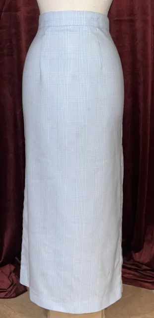 1960s 1970s Vintage Light Blue White Plaid High Waist Straight Long Skirt - M/L