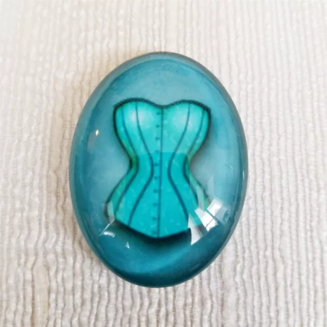 Victorian French Corset Lingerie Graphic Blue Glass Oval Cabochon 40x30mm 3