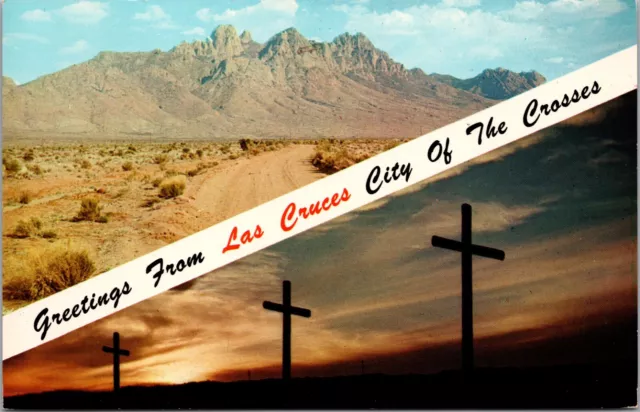 Las Cruces NM Dual View Banner Greetings Organ Mts City of Crosses Postcard UNP