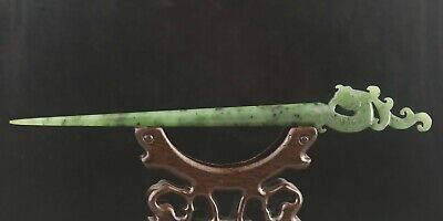 Old natural hetian green jade hand-carved statue of dragon hairpin  #11