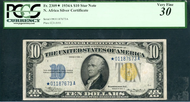 1934A $10 Fr# 2309 North Africa Silver Certificate Star Note Pcgs 30 Vf (124)