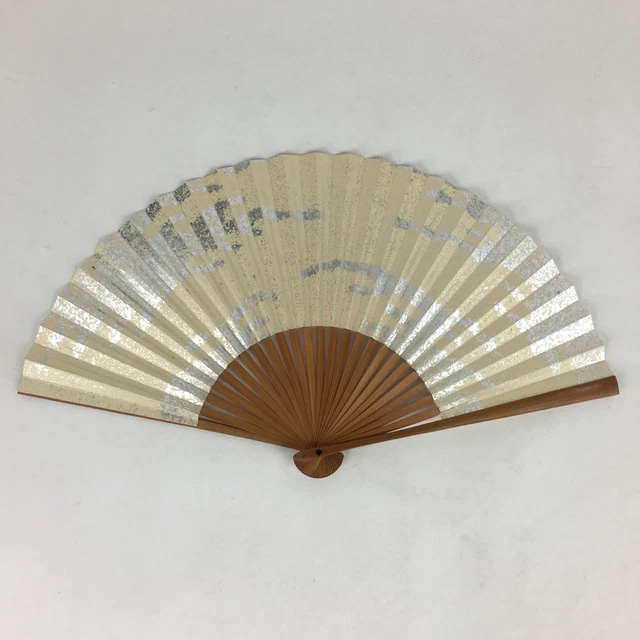 Japanese Folding Fan Vtg Sensu Bamboo Frame Paper Silver Glitter 4D594