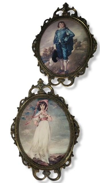 Vtg Pair Victorian Blue Boy & Pinkie 17" Convex Bubble Glass Brass Framed Oval