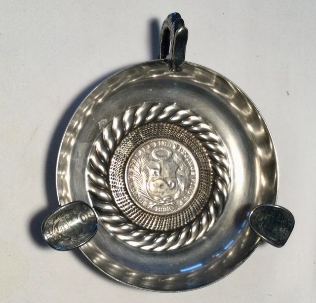 VINTAGE STERLING SILVER ASHTRAY 1893 1 Sol Republica Peru 1898 & 1899 1/5 Sol