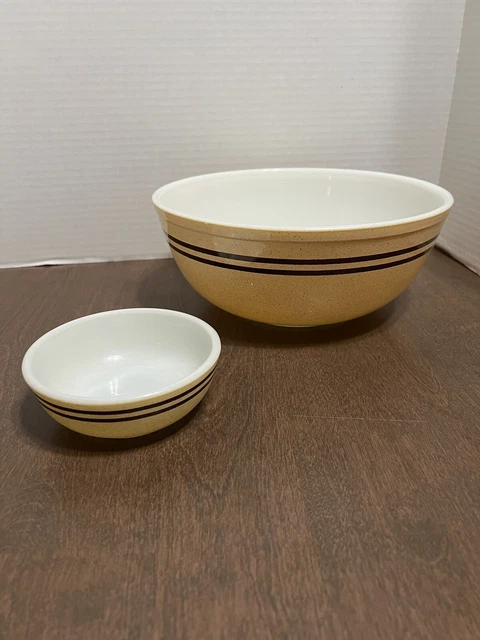 VTG PYREX BOWL SET Promo Chip Dip Tan Speckled Brown Stripe 4 Qt 404 Small 708 VTG PYREX BOWL SET Promo Chip Dip Tan Speckled Brown Stripe 4 Qt 404 Small 708