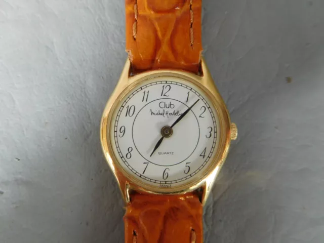 Michel Herbelin ancienne montre club ronde plaqué doré or bracelet cuir marron