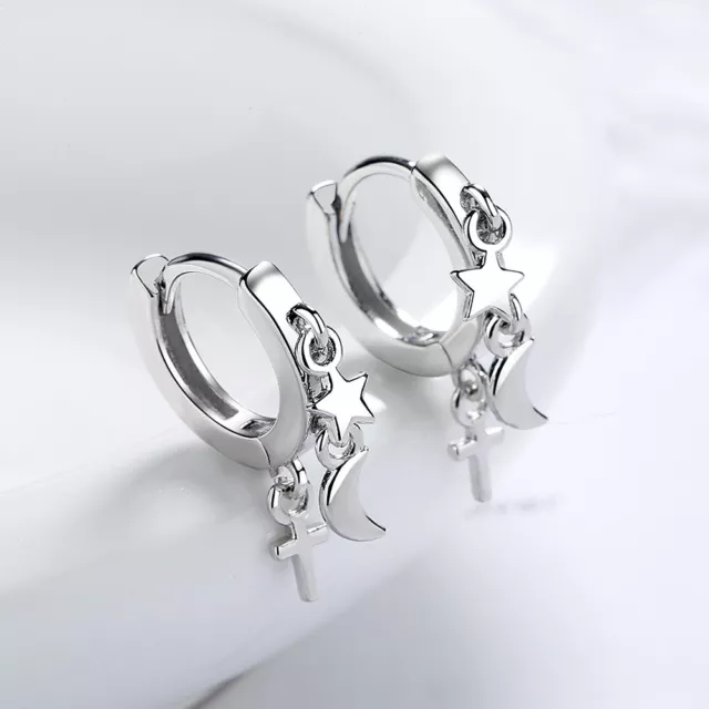 925 Sterling Silver Hoop Huggie Earrings Womens Star Moon Cross Tassel Earrings