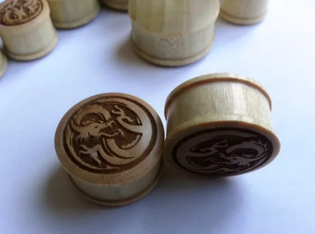 Pair ORGANIC Handmade Dragon In Crocodile Wood Double Flared Ear Plugs Gauges