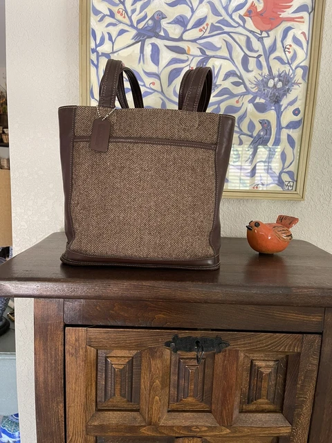 Coach Vintage Tweed Herringbone Wool Brown Leather  Field Tote Handbag