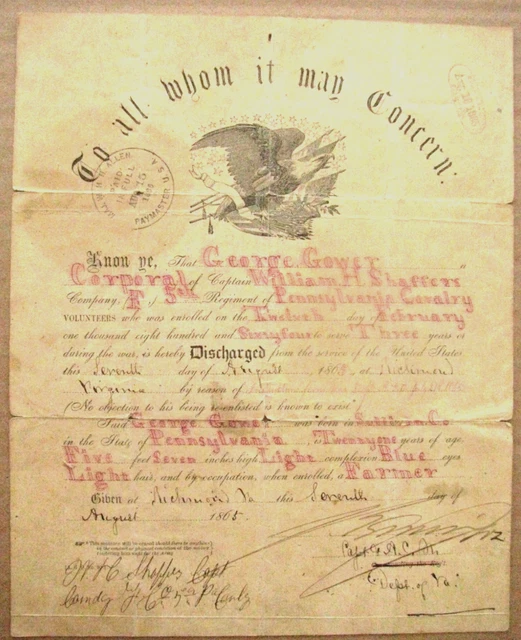 5Th Pennsylvania Cavalry Civil War Sullivan County Soldier Discharge Virginia 5Th Pennsylvania Cavalry Civil War Sullivan County Soldier Discharge Virginia