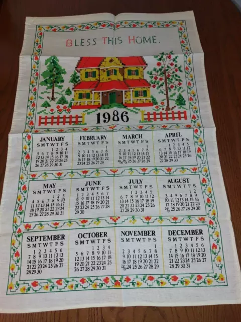 Vtg Linen Calendar Tea Towel 'Bless This Home' 1986 Works For 2025 VGC