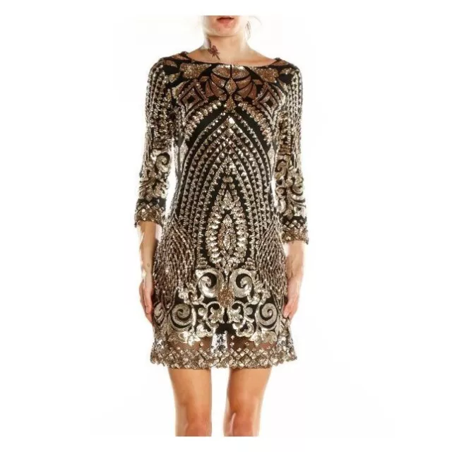 Gianni Bini Dress S Womens Gold Sequin Party Mini Long Sleeve Holiday Cocktail