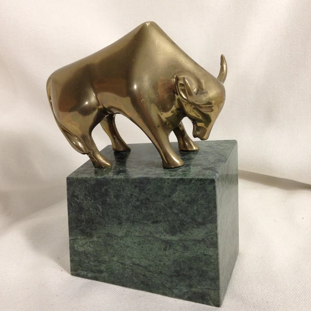 VINTAGE SOLID BRASS & Marble Bull Statue 5 Pounds 8 Ounces Paperweight