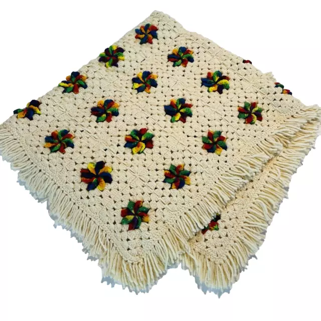 Crochet Blanket Throw 3D Tie Dye Flowers Afghan Granny Square  46 inch Vintage