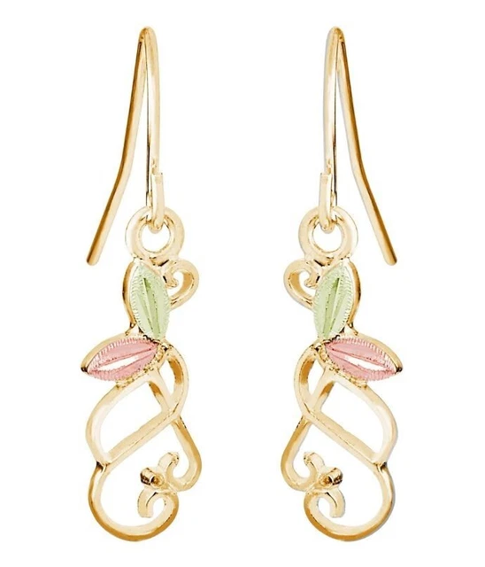 Landstrom's Black Hills Gold 10KPretty Dangle Earrings 12K Green & Rose Leaves