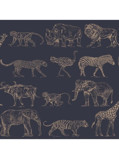 Boutique Safari Dark Blue Tapete 113273 Wildtiere Dunkelblau Gold Vliestapete