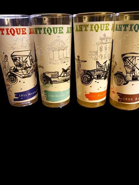 VINTAGE FROSTED ANCHOR Hocking Glasses Tumblers Antique Cars Barware