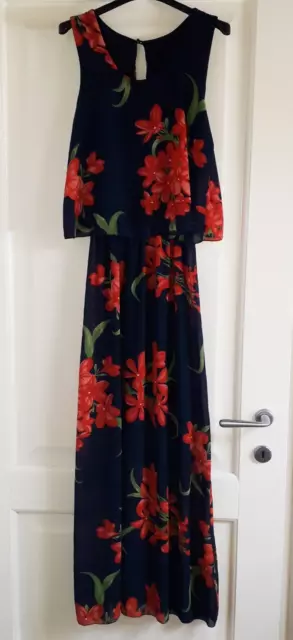 Vestito lungo blu a fiori rossi tg. S/M impero maxi abito estivo donna chiffon