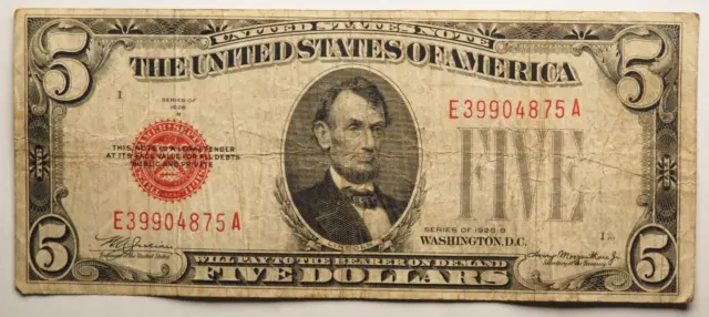 1928 **B** 5 Dollar United States Note  **Red Seal** - Free Shipping! #0351