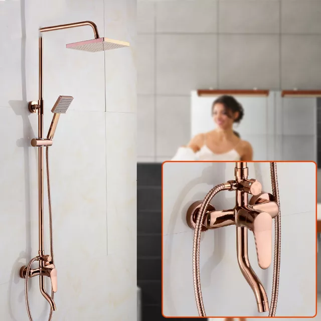 Rose Gold 8 inch Square Shower Head 3-Way Mixer Valve Hand Spray Facuet Tap Kit