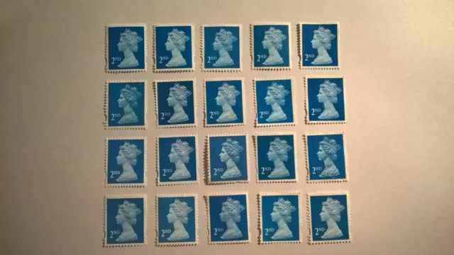 20 Unfranked Second Class Blue Stamps (Off Paper - No Gum)