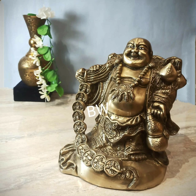 Brass Buddha Laughing Statue Happy Feng Vintage Figurine Luck Figures 11"