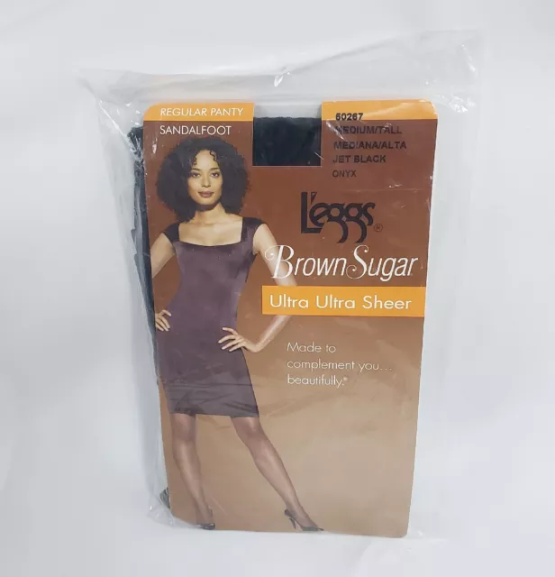 Leggs Brown Sugar Ultra Ultra Sheer Pantyhose Med Tall Jet Black Sandalfoot NOS
