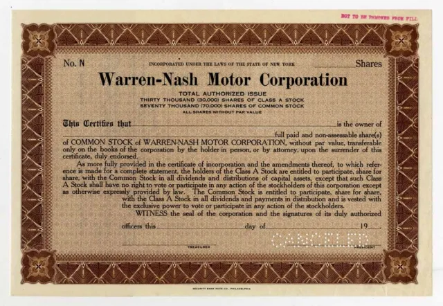 NY. Warren-Nash Motor Corp., ca.1920-40's Specimen Stock Certificate.