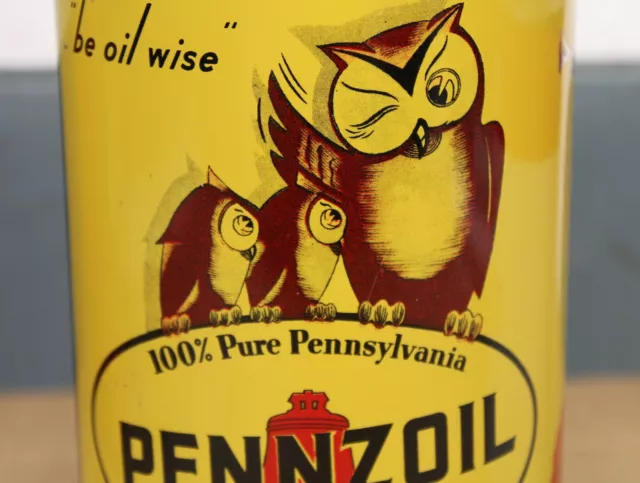 RARE OWL GRAPHIC ~ 1940s PENNZOIL MOTOR OIL Old Solder Seam Tin Imperial qt. Can