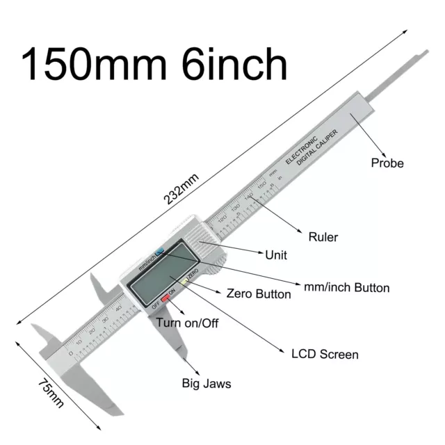 Calibro Micrometro Elettronico Righello Misuratore 0-150mm 1PC Large Display LCD