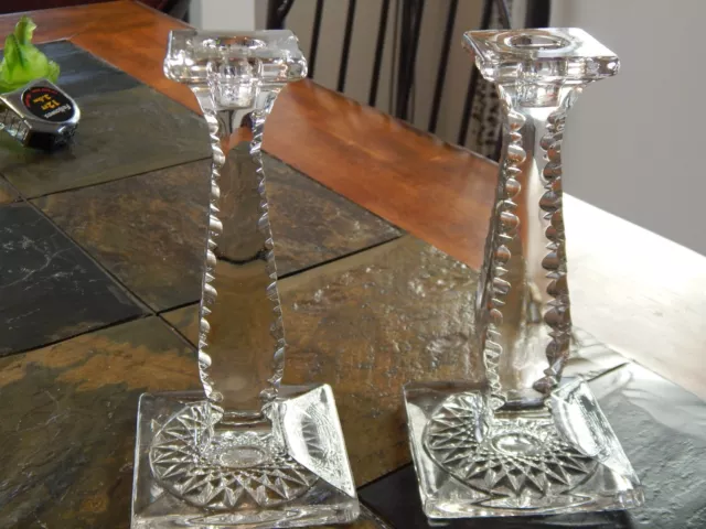 Pair Antique Edwardian Fry Glass Co. clear glass candleholders