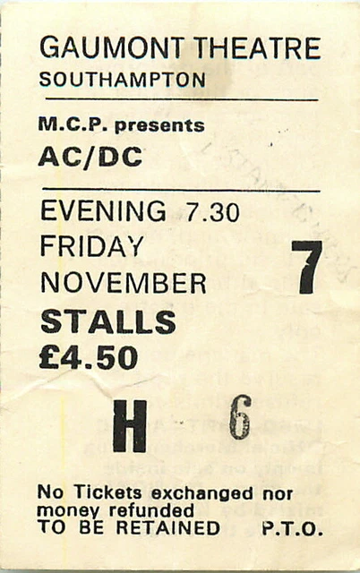 VINTAGE CONCERT TICKET Stub - Southampton Gaumont Theatre 1980 - AC/DC ...