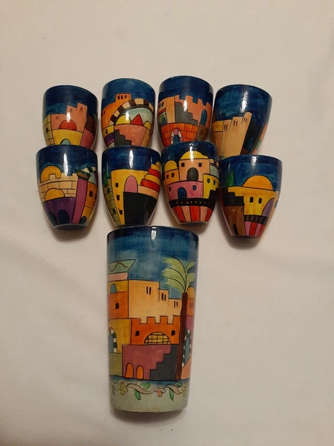 Hand Painted Wooden Kiddush Cups Lot Of 9