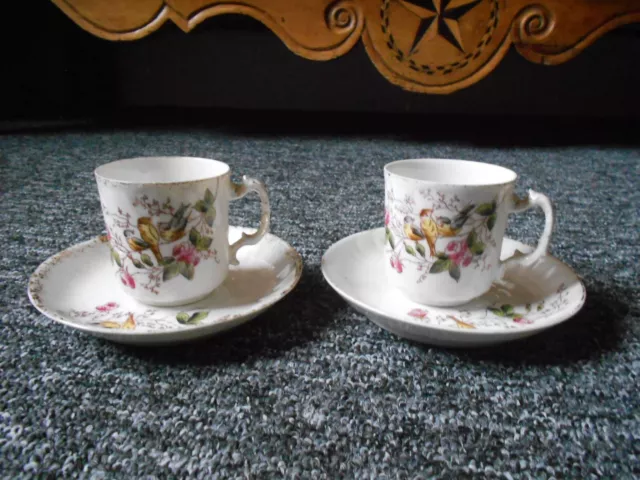 2 Tasses à Café Anciennes PORCELAINE et soucoupes  decor " aux oiseaux"