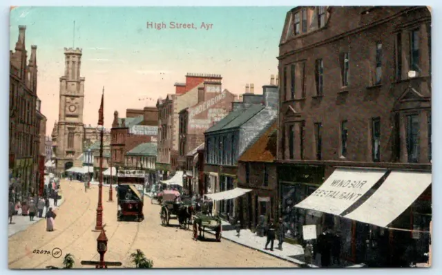 AYR, SCOTLAND, United Kingdom ~ HIGH STREET SCENE Streetcar 1912 Postcard