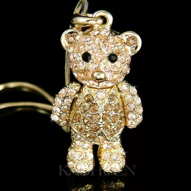 ~Big 3D Movable Teddy Bear made with Swarovski Crystal Cute Animal Gold Necklace