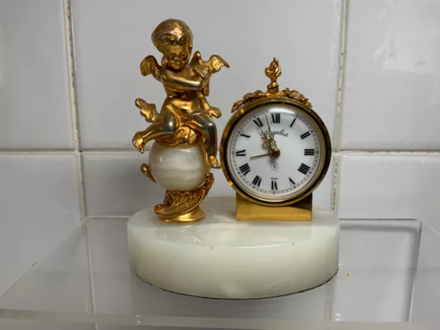 Vintage Angelus Swiss Wind Up Ornate Alarm Clock Gilt Cherub Marble