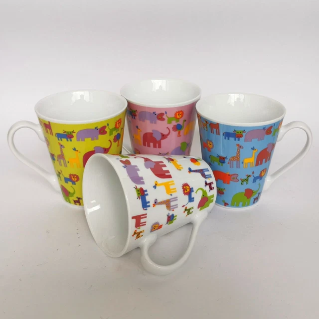 4er SET Tassen Kaffeetasse Becher Kaffeebecher Tiere Kinder bunt Elefant Giraffe