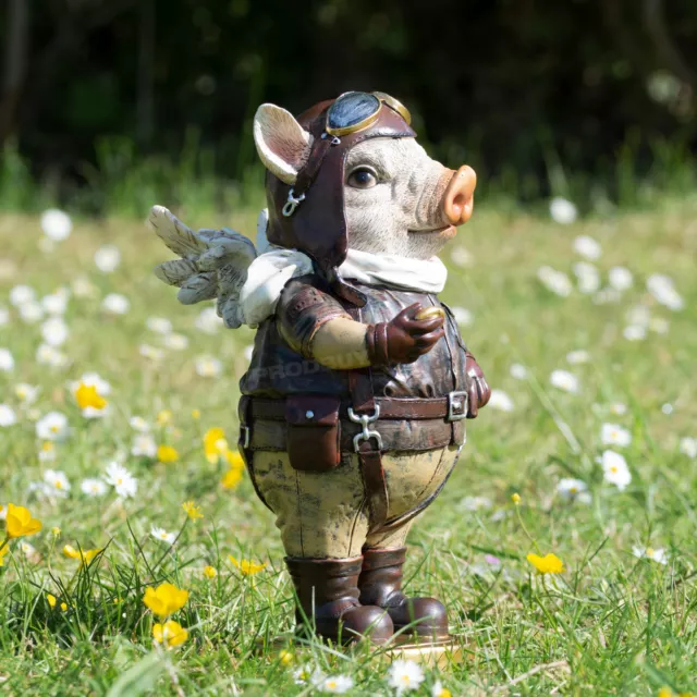 Quirky Flying Pig Pilot With Wings Garden Ornament 26cm Resin Standing Sculpture