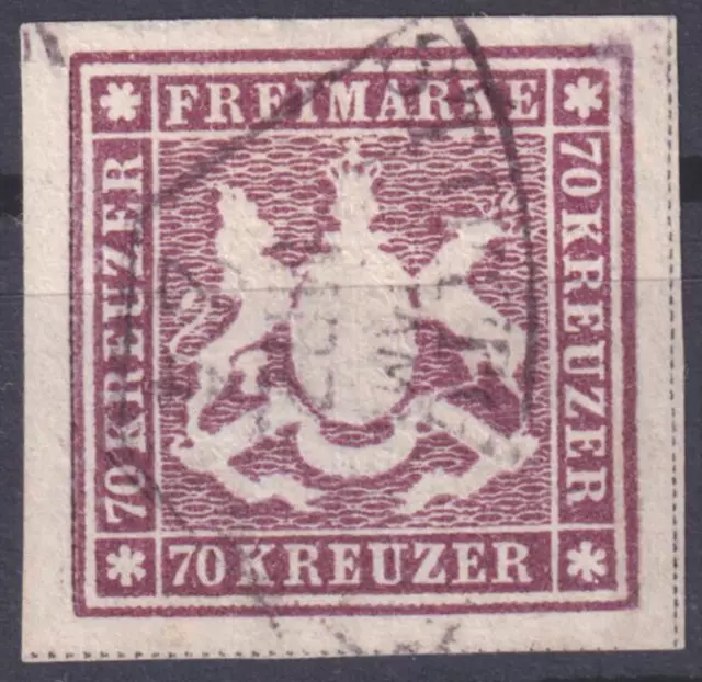 Württemberg 70 Kr. Mi.Nr. 42 a gestempelt, Bogenfeld 1, BPP Attest (Mi. 7000,-€)
