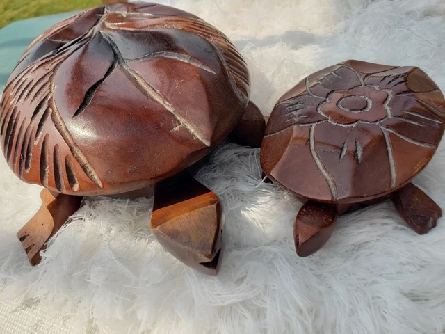 Large 14" & Small 7" Hand Carved Wooden Turtle Covered Boxes Floral And Leaves